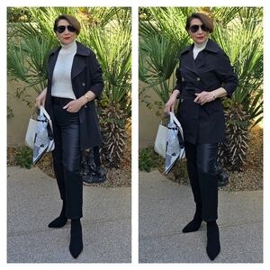 EUC Black Double-Breasted Trench Coat with Wide Collar and Matching Belt, Small